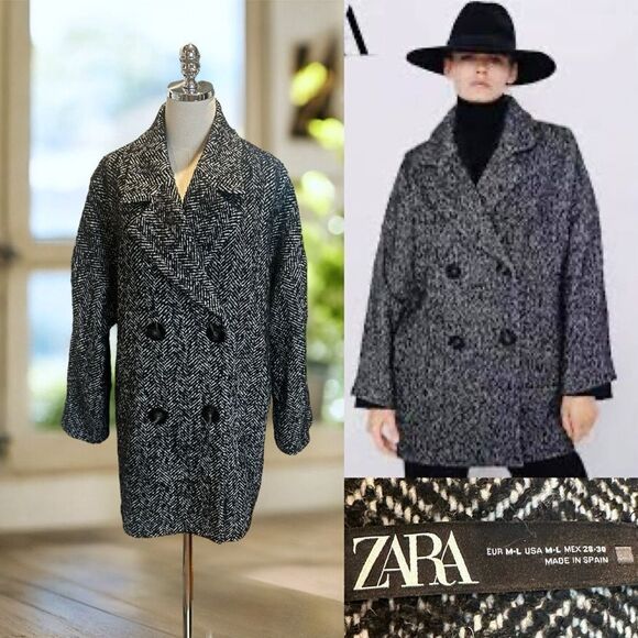 ZARA Double Breasted Herringbone Tweed Wool Coat Overcoat Size M L - Picture 1 of 13